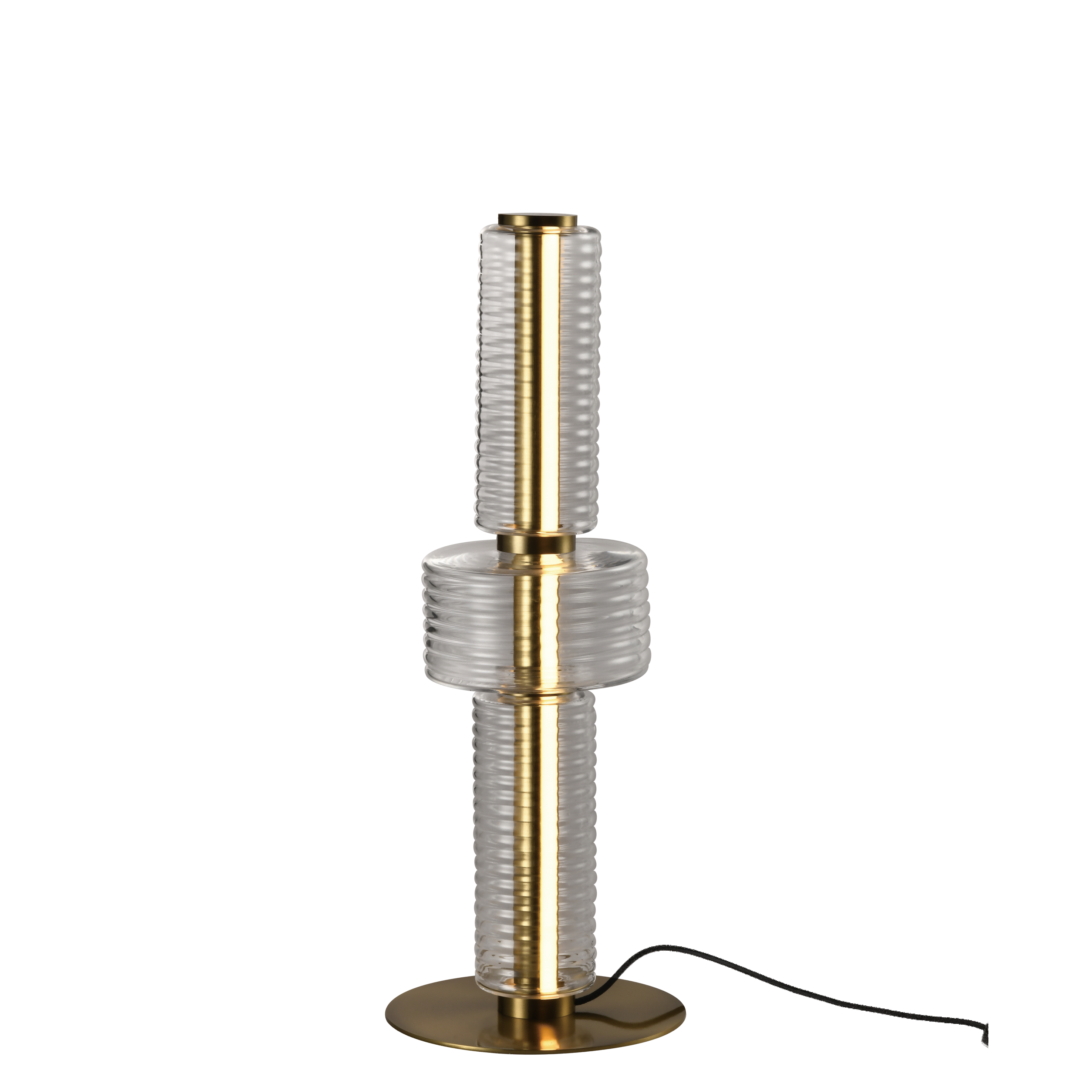 Chrome-colored ring-patterned cylindrical table lamp